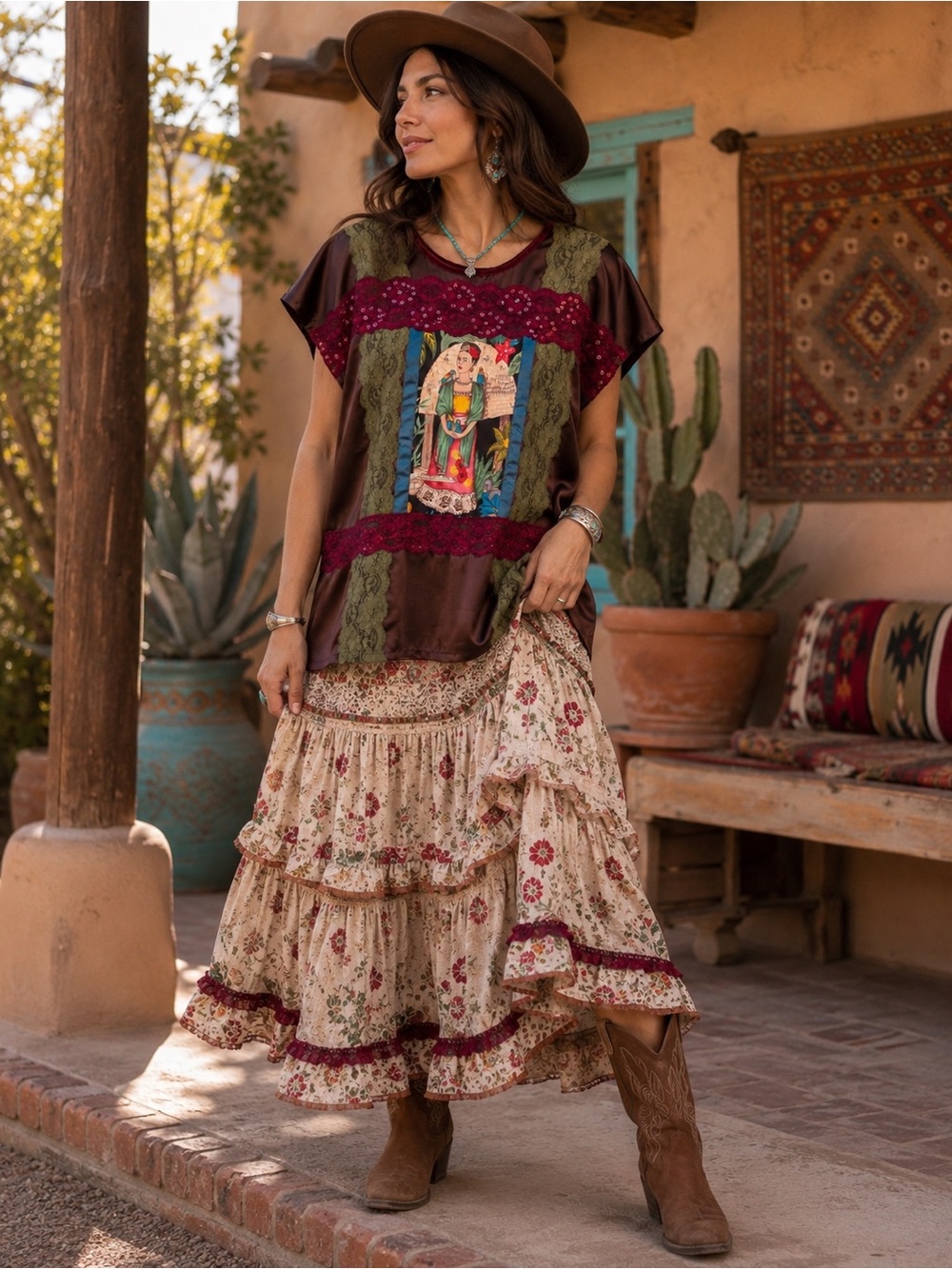 Handmade Frida Kahlo Satin Lace Blouse Boho Art Top Large Sequin Trim